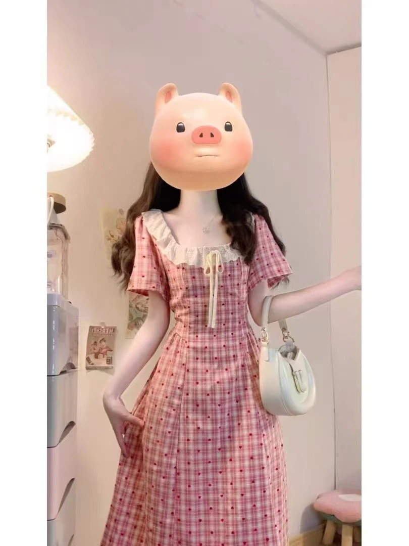 琳琳家大码法式甜美红格纹连衣裙