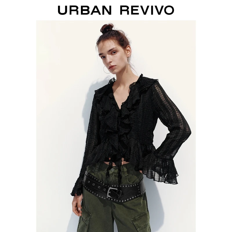 UR2025秋季新款女装潮流荷叶边收腰半透视开襟衬衫UYV250054+