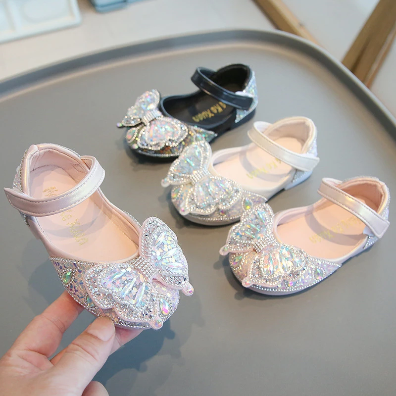 女童公主鞋2025春秋款儿童舞蹈鞋彩钻小女孩表演鞋蝴蝶结宝宝单鞋