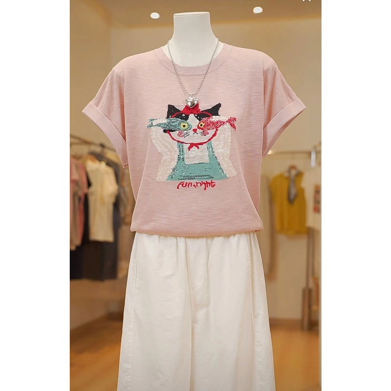 爆款夏季2025新款设计款洋气刺绣猫咪小鱼T恤时尚百搭宽松针织衫