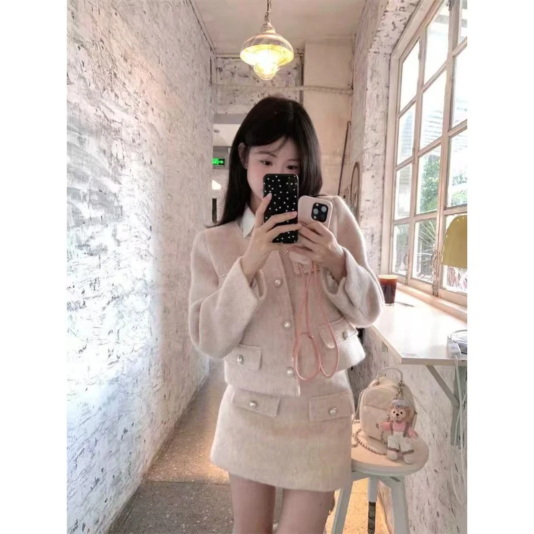 小香风套装毛呢圆领长袖外套女秋季高腰包臀半身裙两件套8627