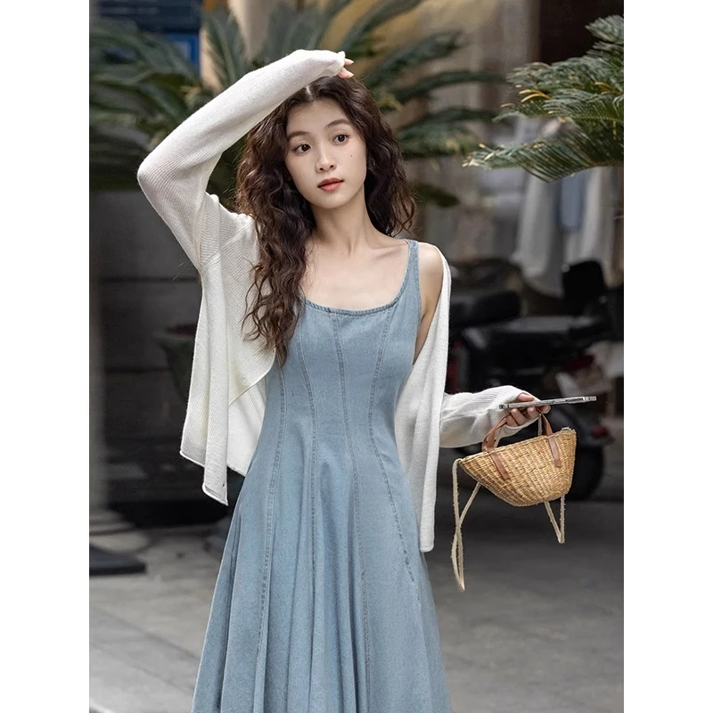 a124春夏新款韩系穿搭高级感针织开衫上衣搭配吊带牛仔裙两件套女