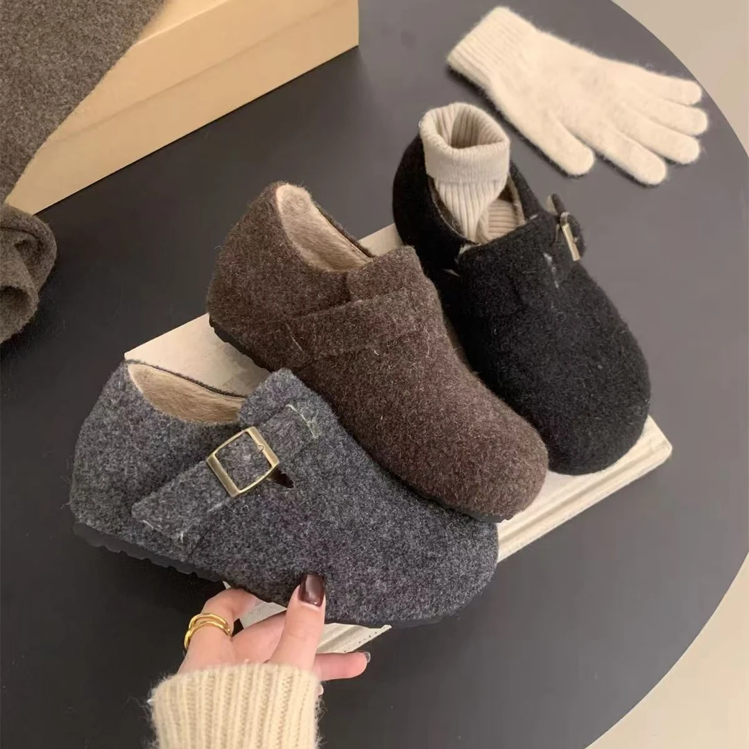 复古毛毡圆头加绒勃肯鞋女2025冬季新款高级感一脚蹬保暖毛毛鞋女