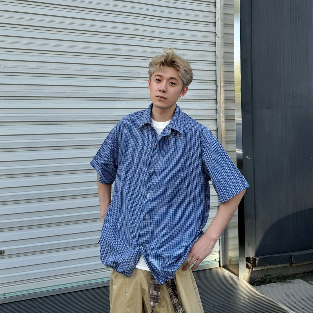 夏季手工收褶皇室蓝格子短袖衬衫男cleanfit立体短宽抽绳t恤miu系