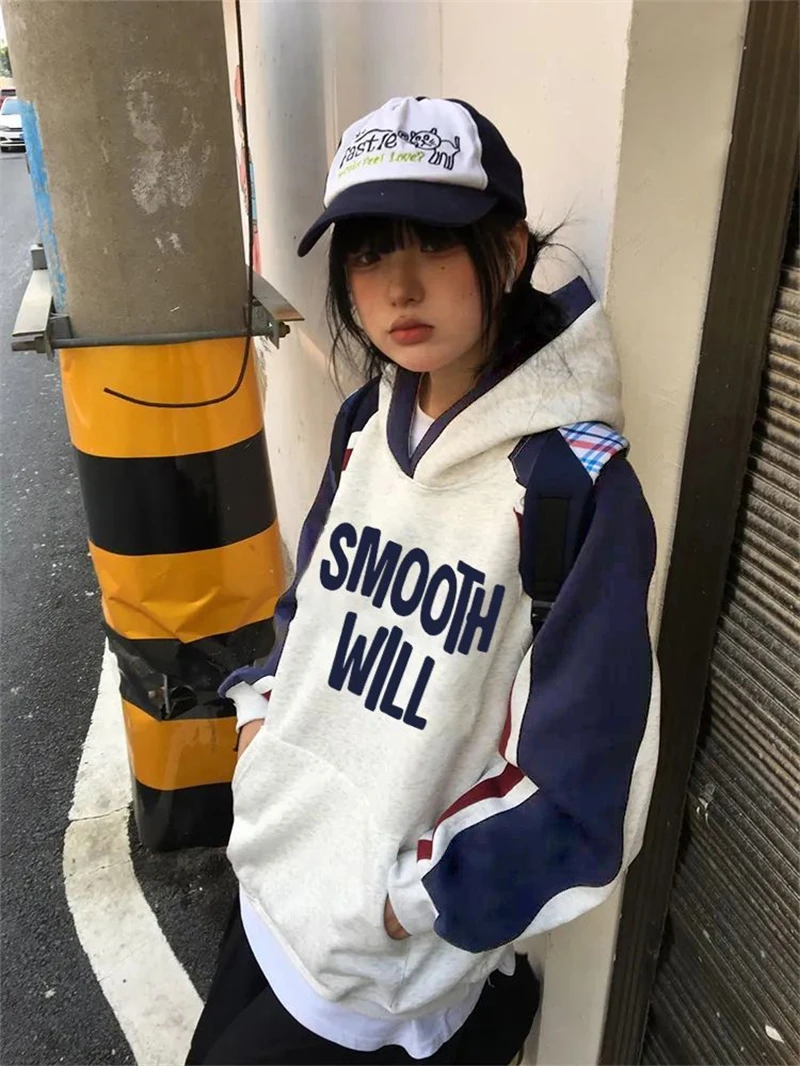 连帽撞色学院风美式复古加厚华棉银狐绒卫衣女秋冬宽松慵懒风外套