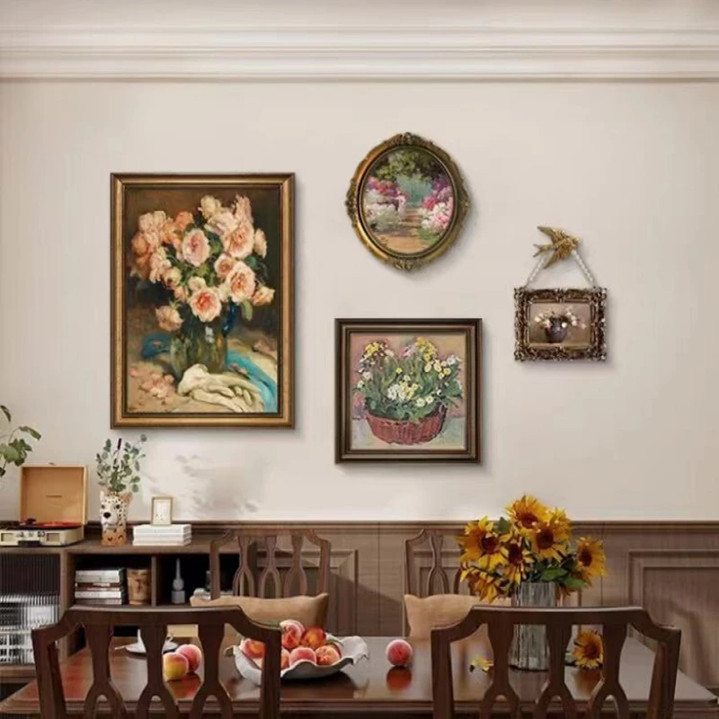 美式餐厅装饰画2025新款饭厅背景墙挂画复古油画花卉高档组合壁画