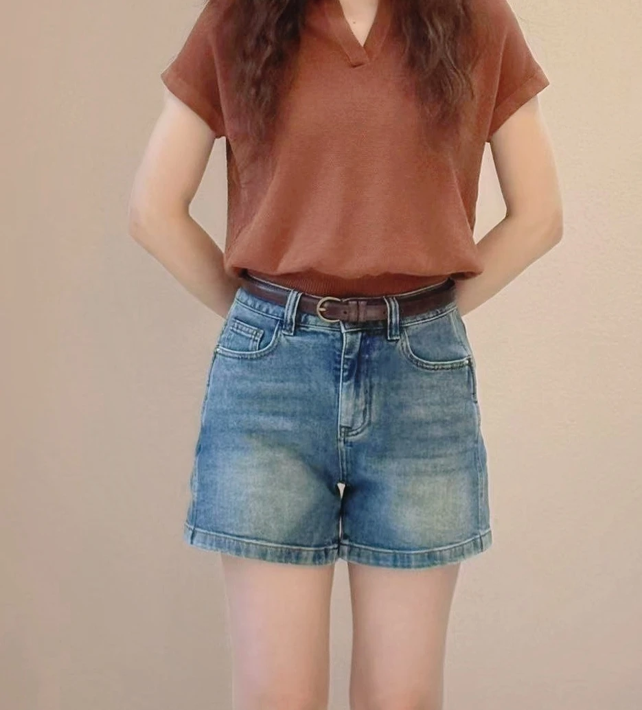 玛丝恩迪休闲短裤薄款夏季高腰双口袋牛仔短裤显瘦百搭款