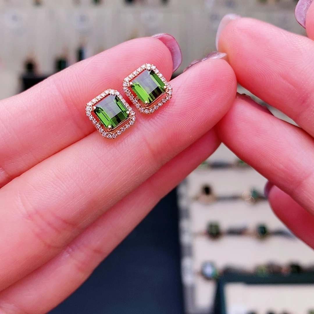 绿色碧玺耳钉18K金镶嵌