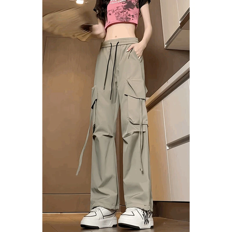 春秋季美式高街百搭休闲工装裤束脚飘带裤男女大码阔腿薄款潮流男