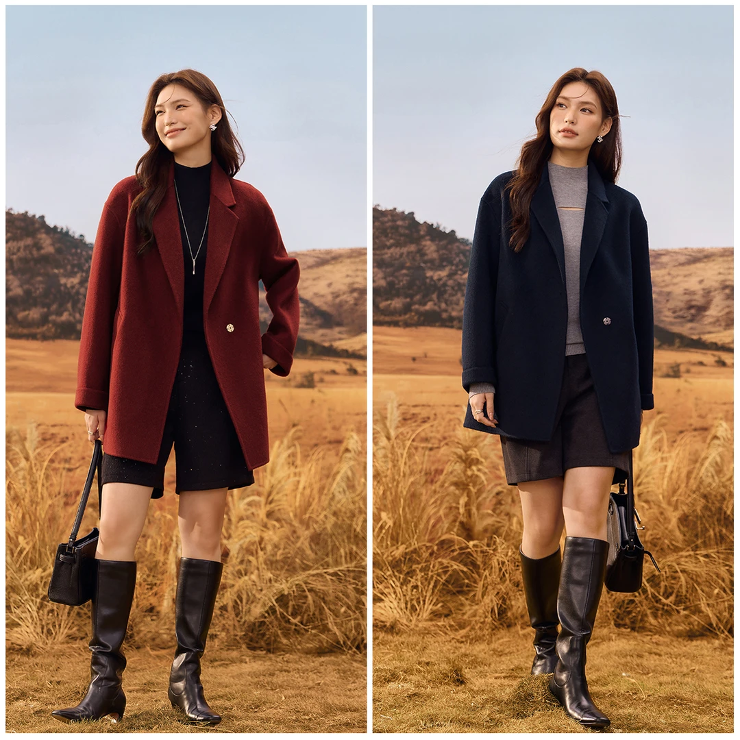 【黑标100绵羊毛】纤莉秀大码女装流光风冬季新款毛呢外套QK3028