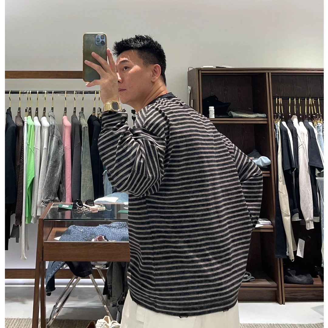 /2559【定制条纹设计磨破长袖】圆领日常T恤秋季