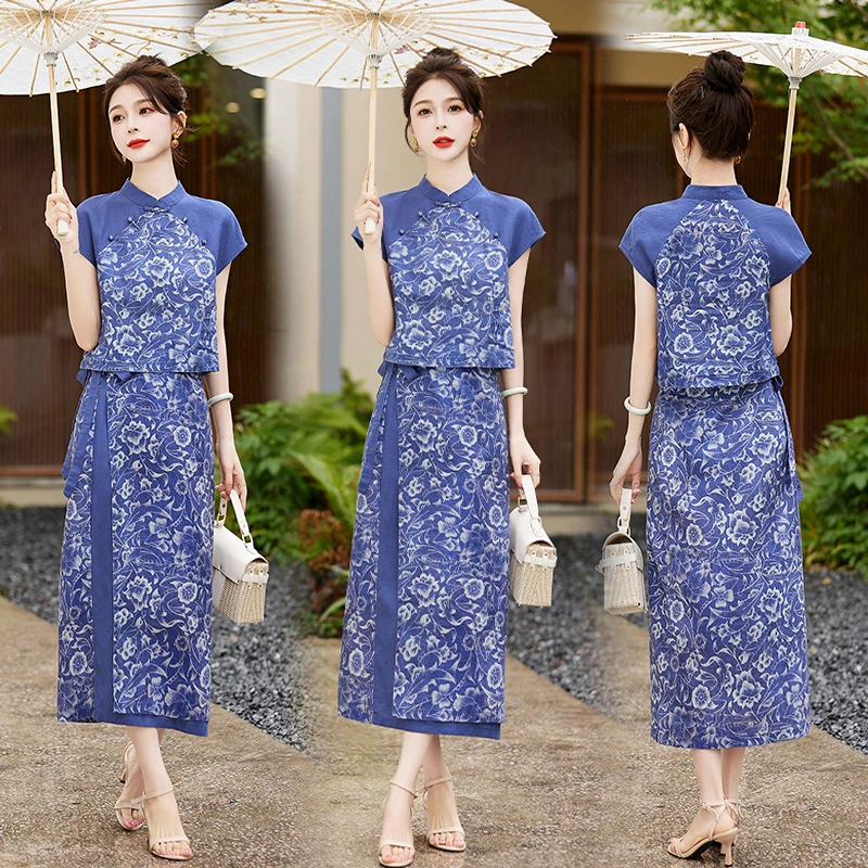 新中式棉麻套装裙女2025夏天新品气质高端麻料苎麻印花时尚两件套