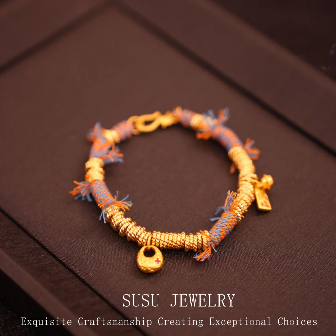 铜合金布艺手链 7006「财财万两」钱串子藏式古法鎏金编织手链