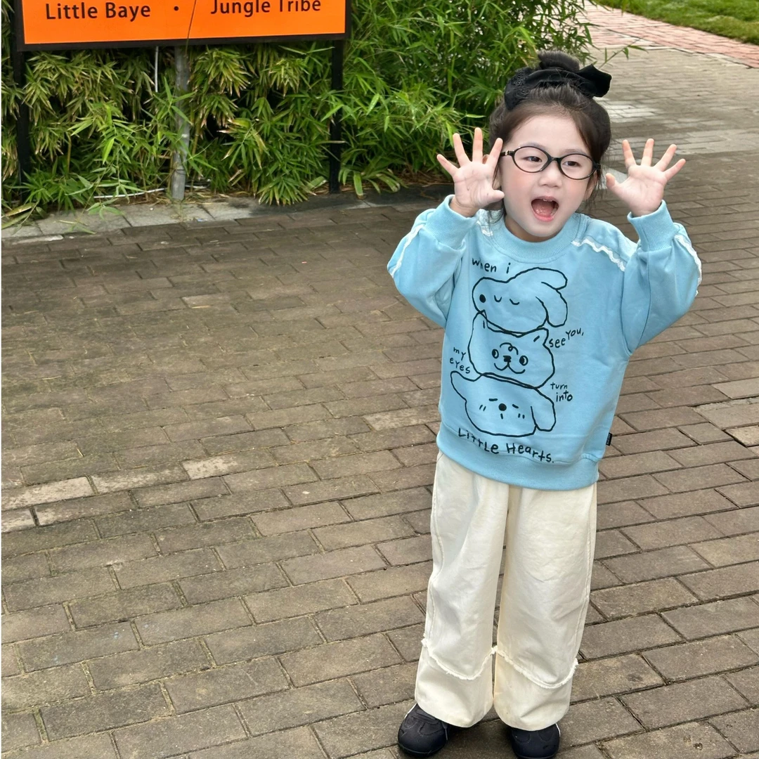 小思家女童2025秋季新款韩版百搭卡通印花套头卫衣直筒休闲裤套装