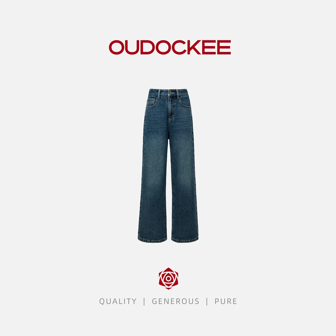 OUDOCKEE 鸥鸥【棉】口袋牛仔裤 蓝色复古直筒高腰显长 NACN639T