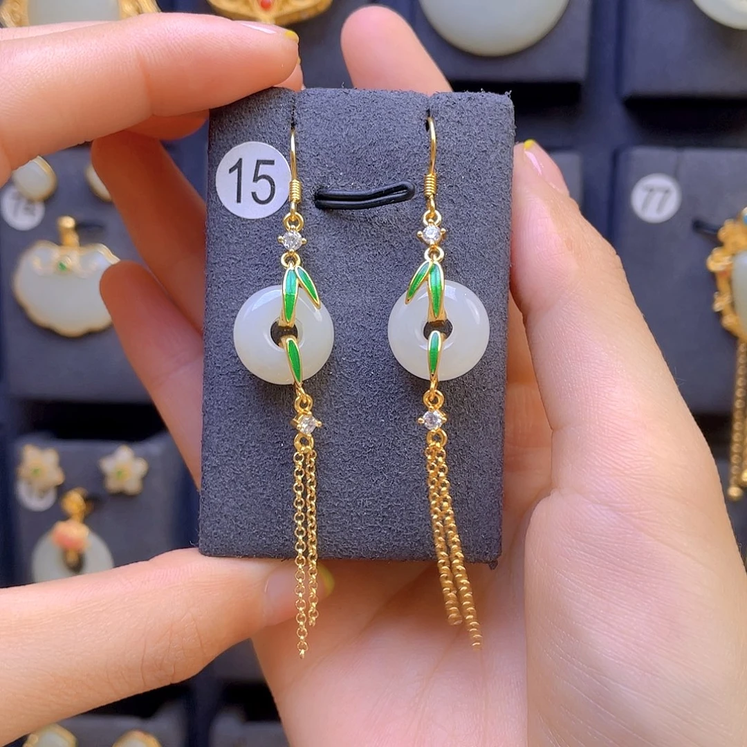 和田玉耳饰银S925镀金镶嵌