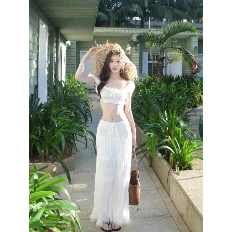 泰国海岛旅行拍照度假风套装白色超仙女泡泡袖上衣半身长裙两件套