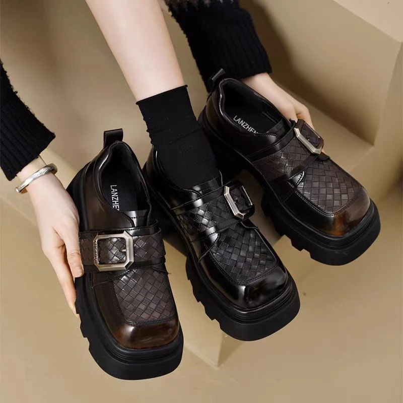 欧洲站2025早春新款松糕厚底英伦风乐福鞋819