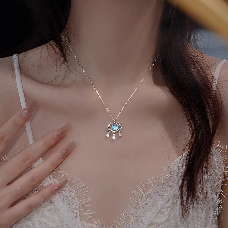 合成水晶999足银AB彩平安锁项链女生2025新款爆款礼物吊坠配饰品
