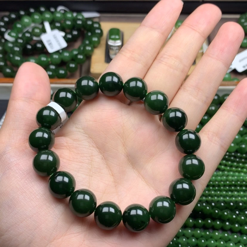 【闪购商品】未镶嵌手串和田玉（碧玉）12m菠菜绿老料无黑