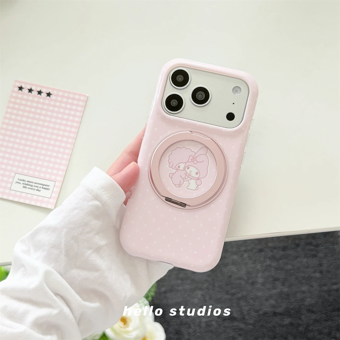 ins粉波点美乐蒂360支架手机壳适用iPhone17promax苹果16pro/15