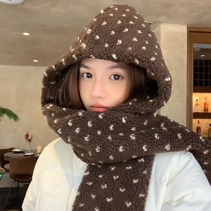 韩系波点羊羔绒帽子围巾一体连帽冬季时髦护耳包头帽保暖护颈围脖