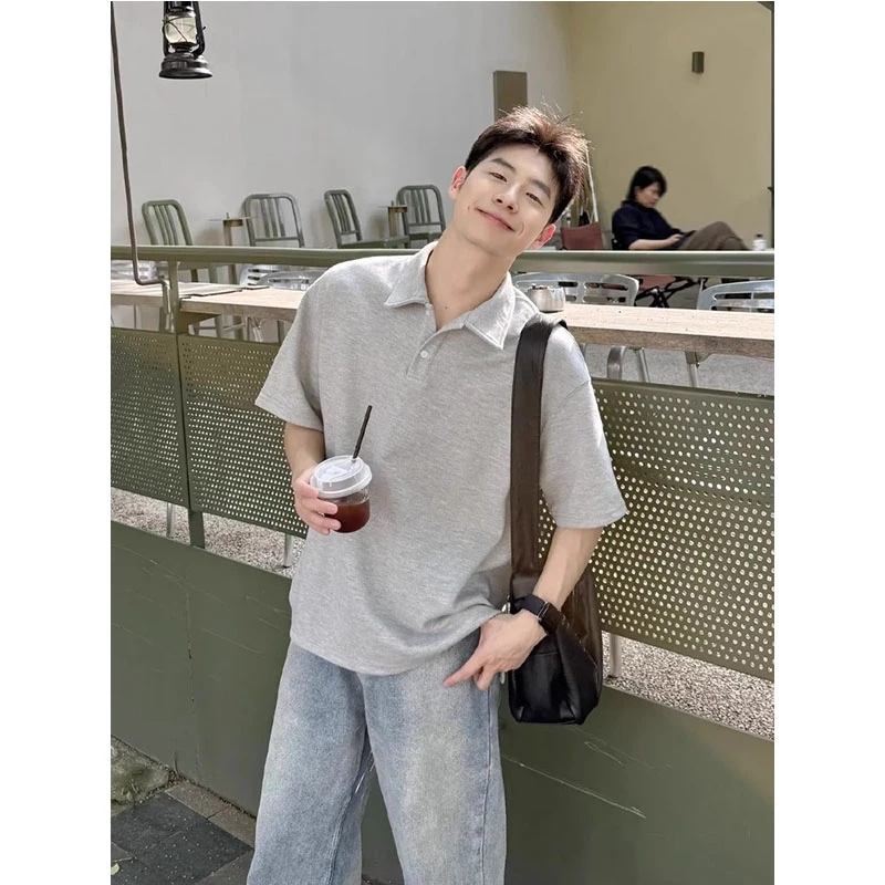 花灰色短袖polo衫男款夏季阳光干净男生穿搭正肩翻领t恤重磅半袖