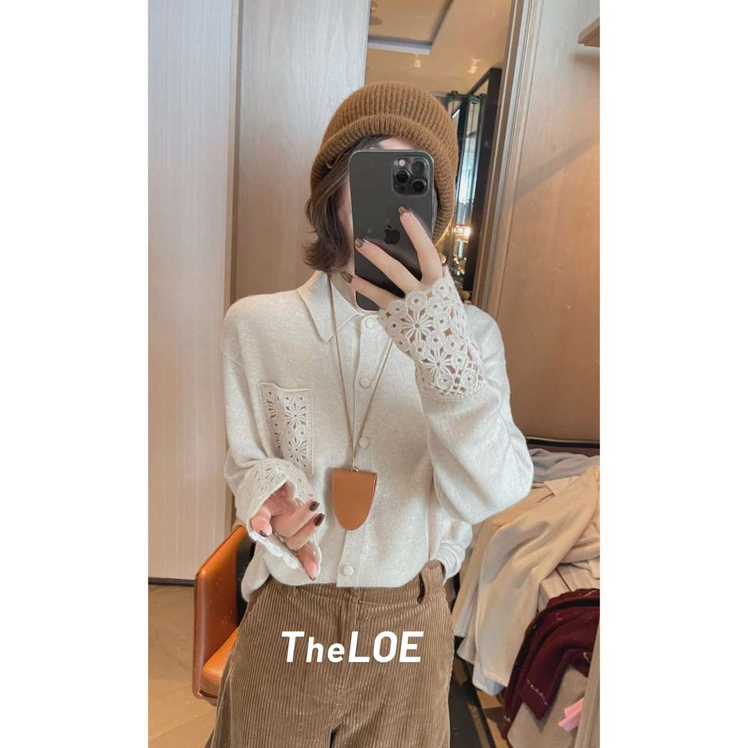 TheLOE/【纯羊毛蕾丝袖毛衣305g】减龄气质感钩花针织衬衫#LE-8237