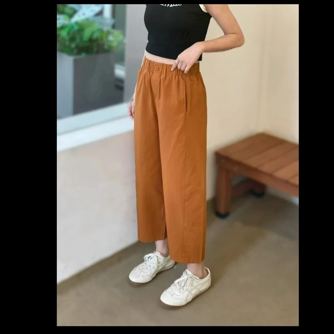 钛金棉522夏季一粒扣松紧腰醋酸弯刀高腰显瘦窄版九分花苞裤