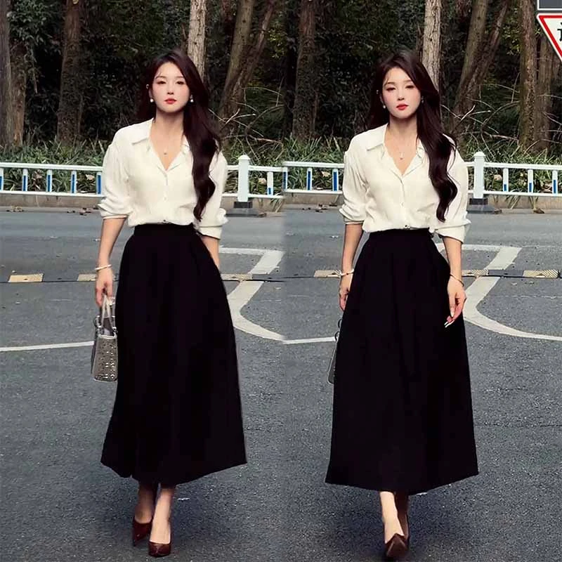 2025秋季新款设计感一整套轻职风长袖衬衫女搭配休闲半身裙两件套
