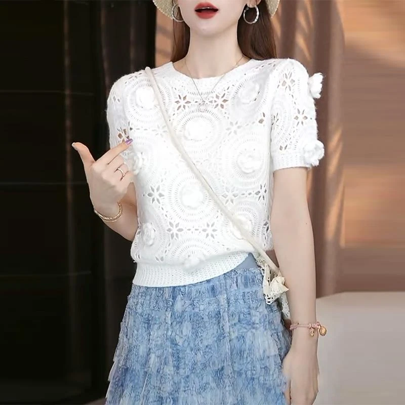2025夏季新款女士白色短袖针织t恤钩花镂空小衫小个子短款上衣服