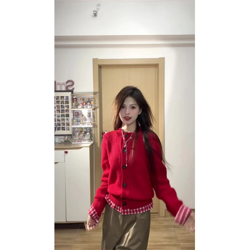 【清套装80886 70565】撞色假两件针织开衫复古阔腿裤显瘦休闲裤