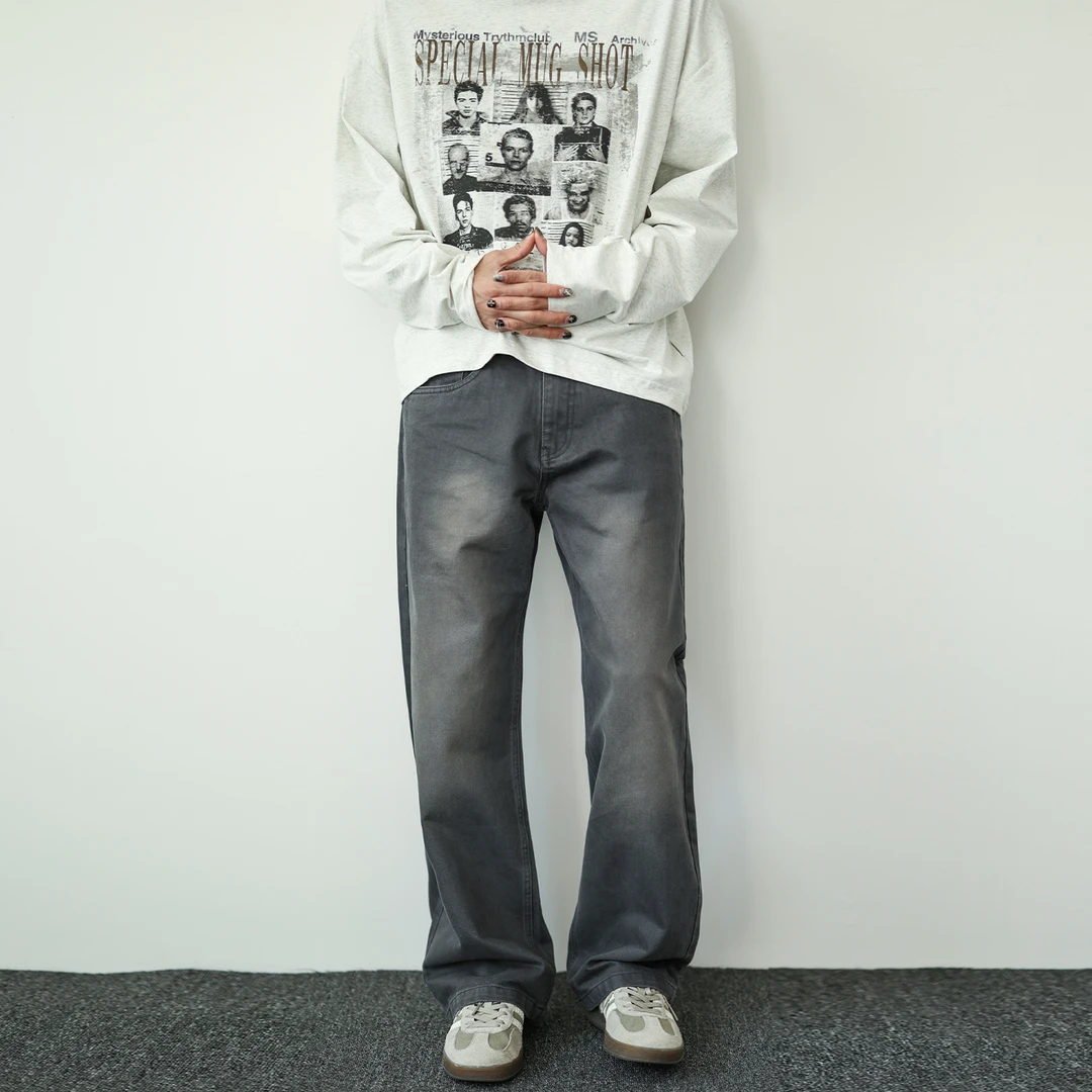 秋冬水洗深灰色复古潮流宽松阔腿直筒裤男士美式休闲百搭高街长裤