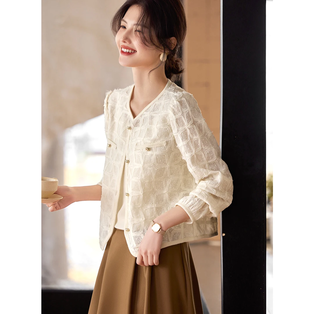 XWI/欣未气质优雅蕾丝提花肌理小香风外套25秋新款圆领时尚外套女