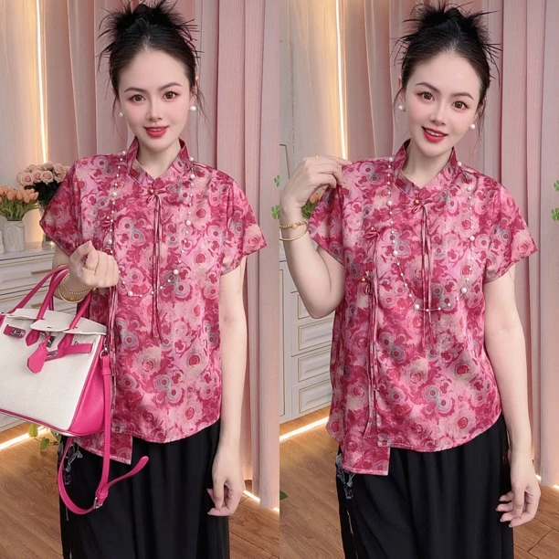 （瑄瑄家）新中式国风立领斜开襟三盘扣提花上衣洋气显瘦时尚夏季