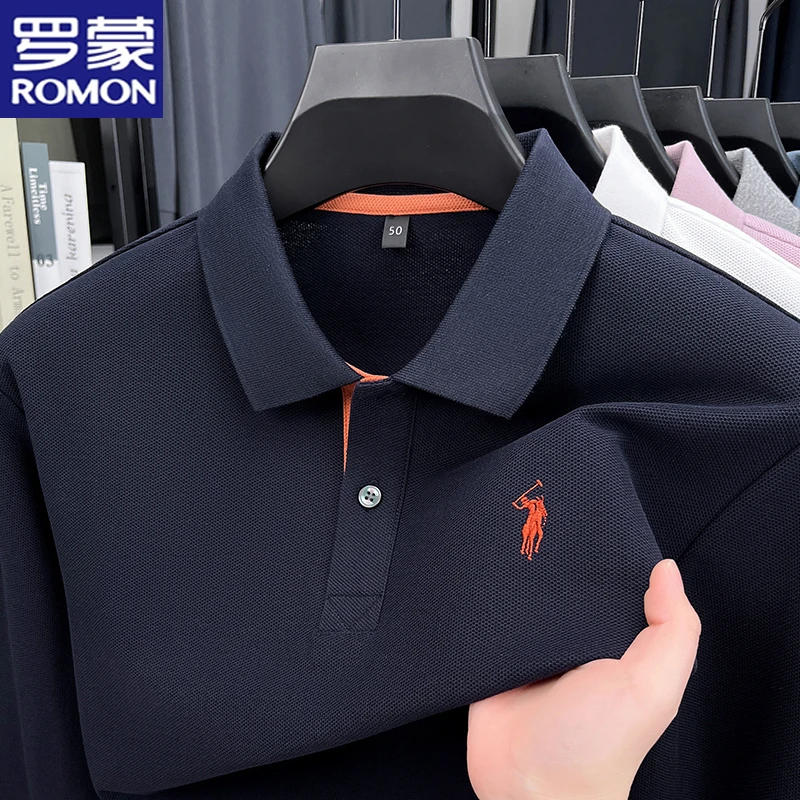 罗蒙高档纯棉男士polo衫春秋季抗皱免烫商务纯色T恤衫休闲上衣男