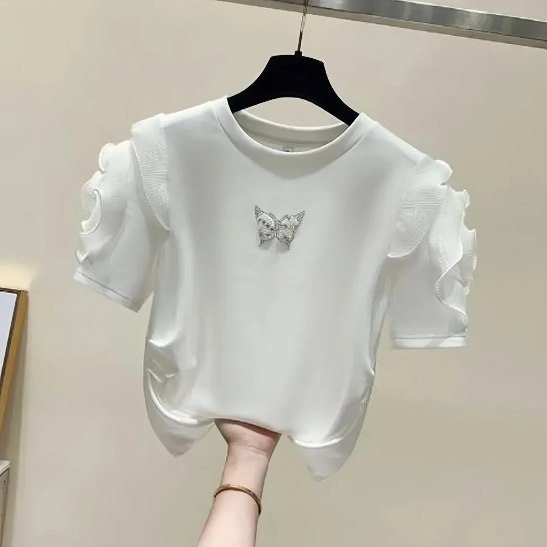 新款蝴蝶烫钻钉珠百搭休闲短袖T恤女显瘦时尚气质上衣女2025夏季