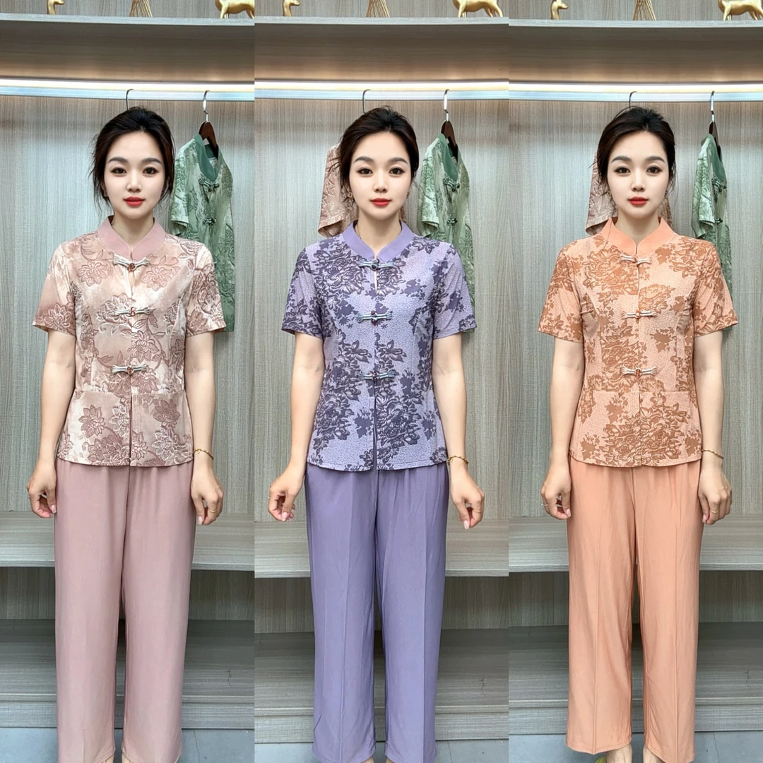 夏季短袖套装女气质宽松妈妈装短袖上衣+九分裤两件套