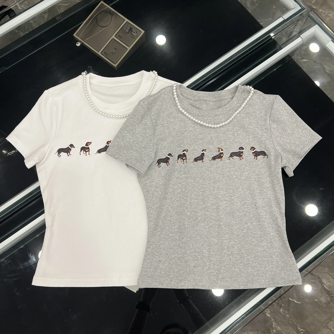 2025新款美式珍珠腊肠狗修身圆领短袖T恤-25853