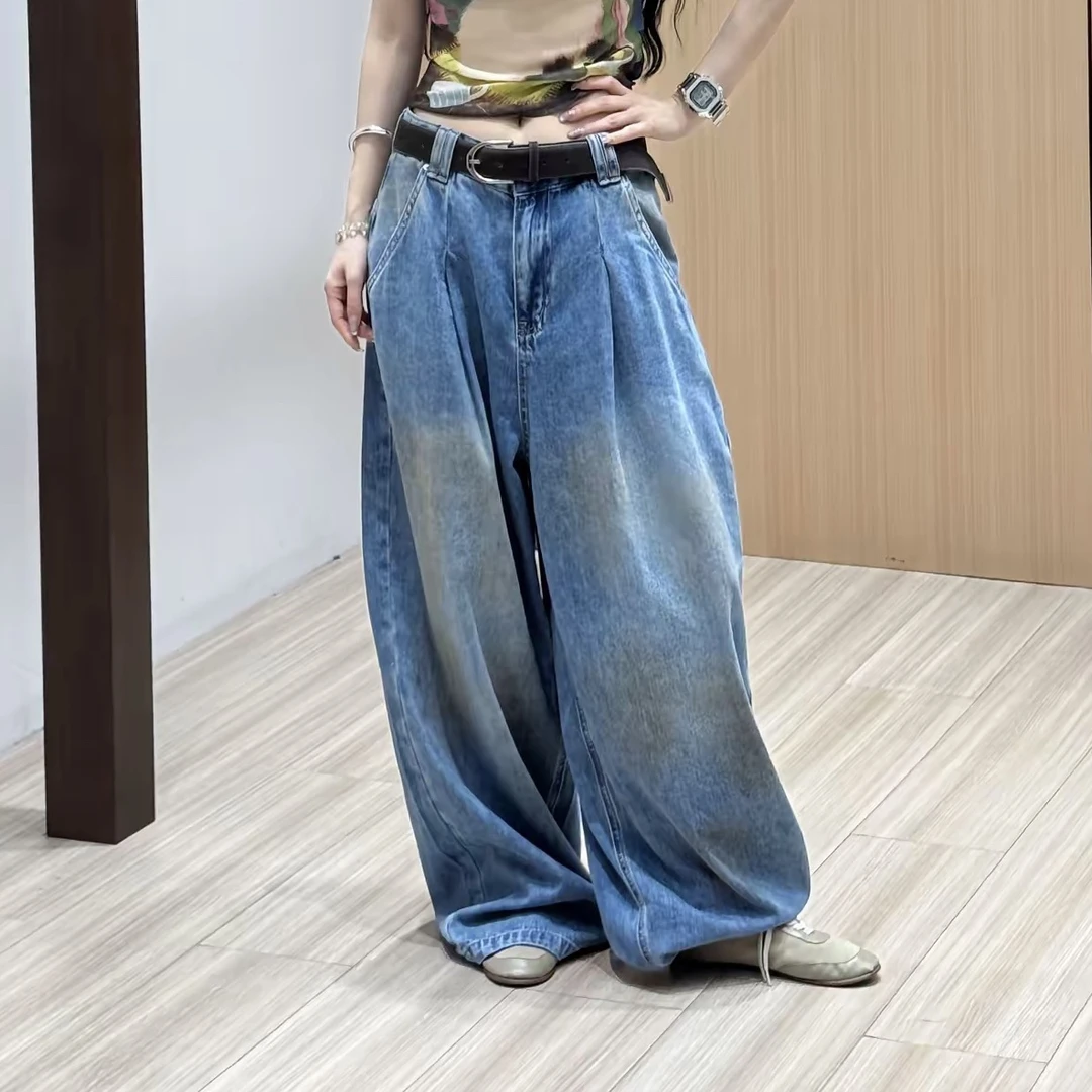擦色牛仔～复古水洗擦色工艺阔腿高腰显瘦牛仔裤