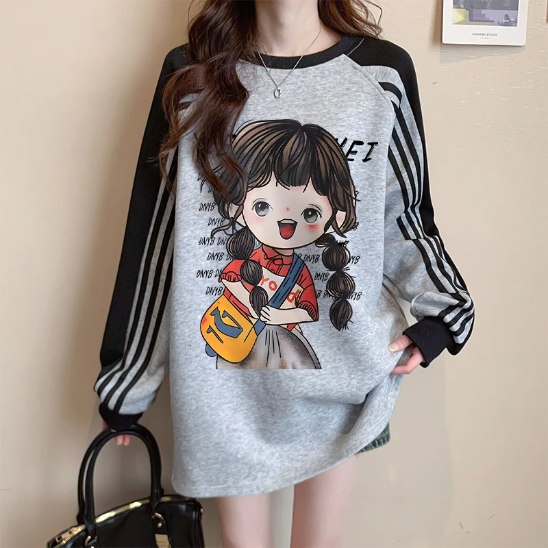 网红卡通三条杠加绒卫衣女秋冬季2025爆款韩版宽松大码中长款上衣