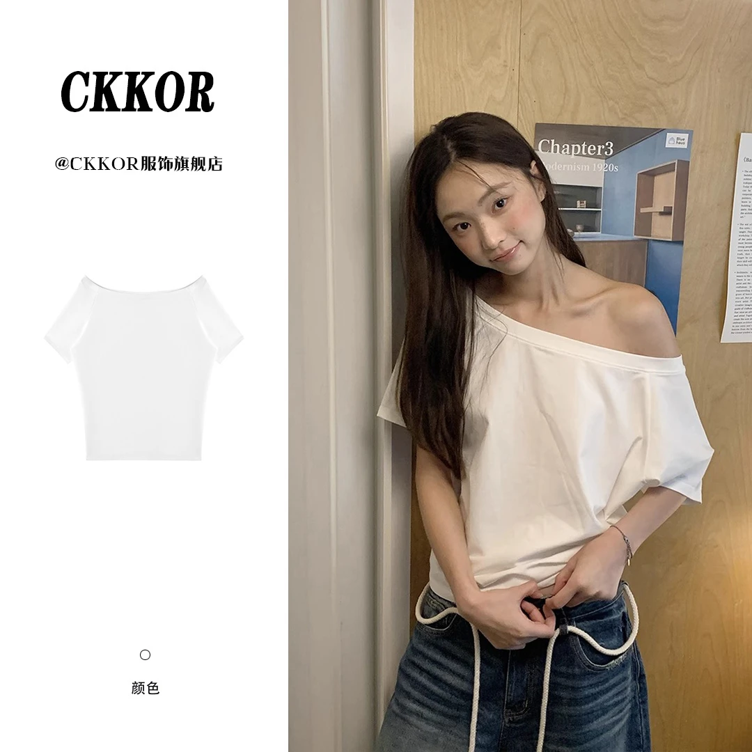 CKKOR美式复古辣妹斜肩短袖t恤女夏季穿搭宽松慵懒显瘦设计感上衣