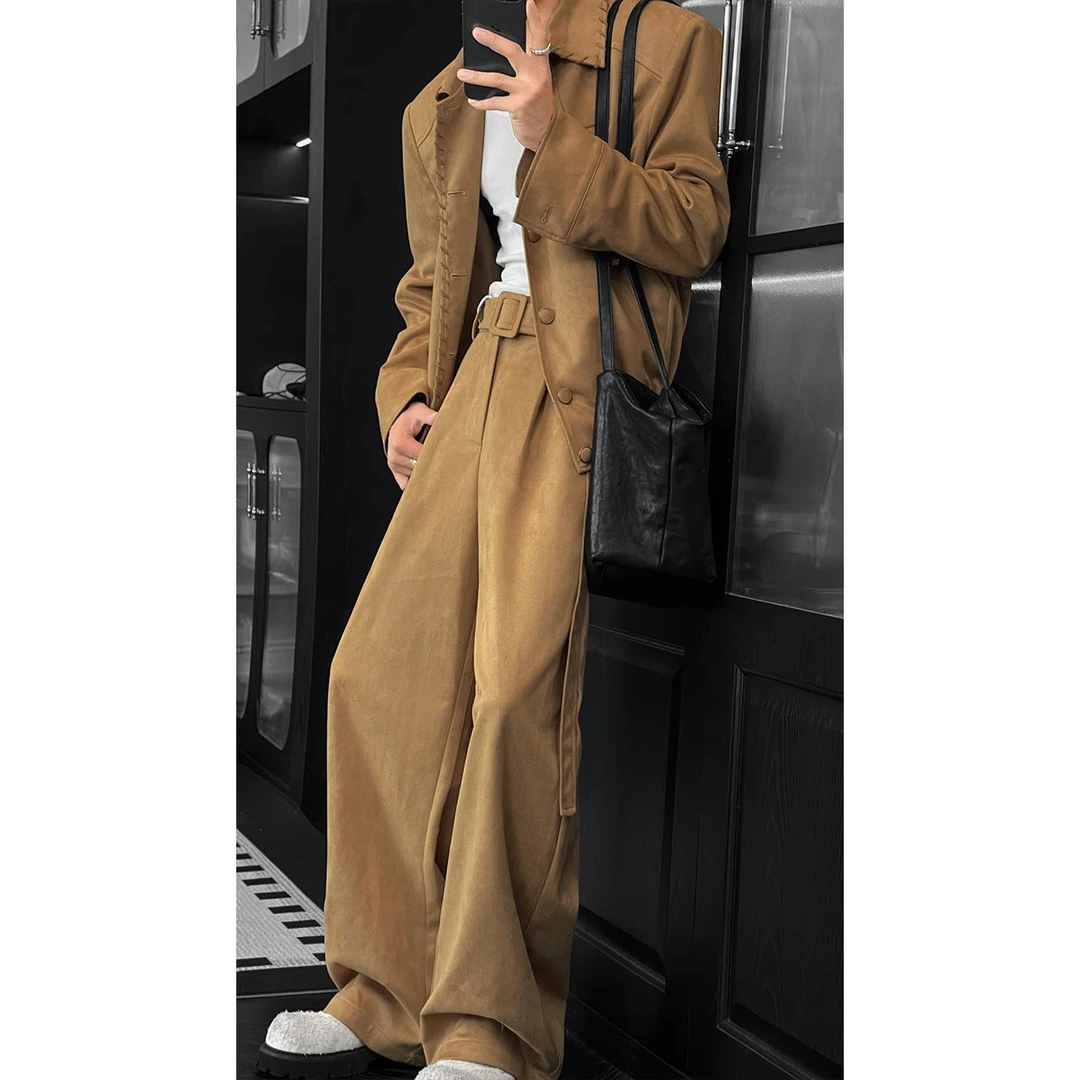 秋季新款潮流复古高级感绒面翻领夹克百搭潮流宽松弯刀长裤套装