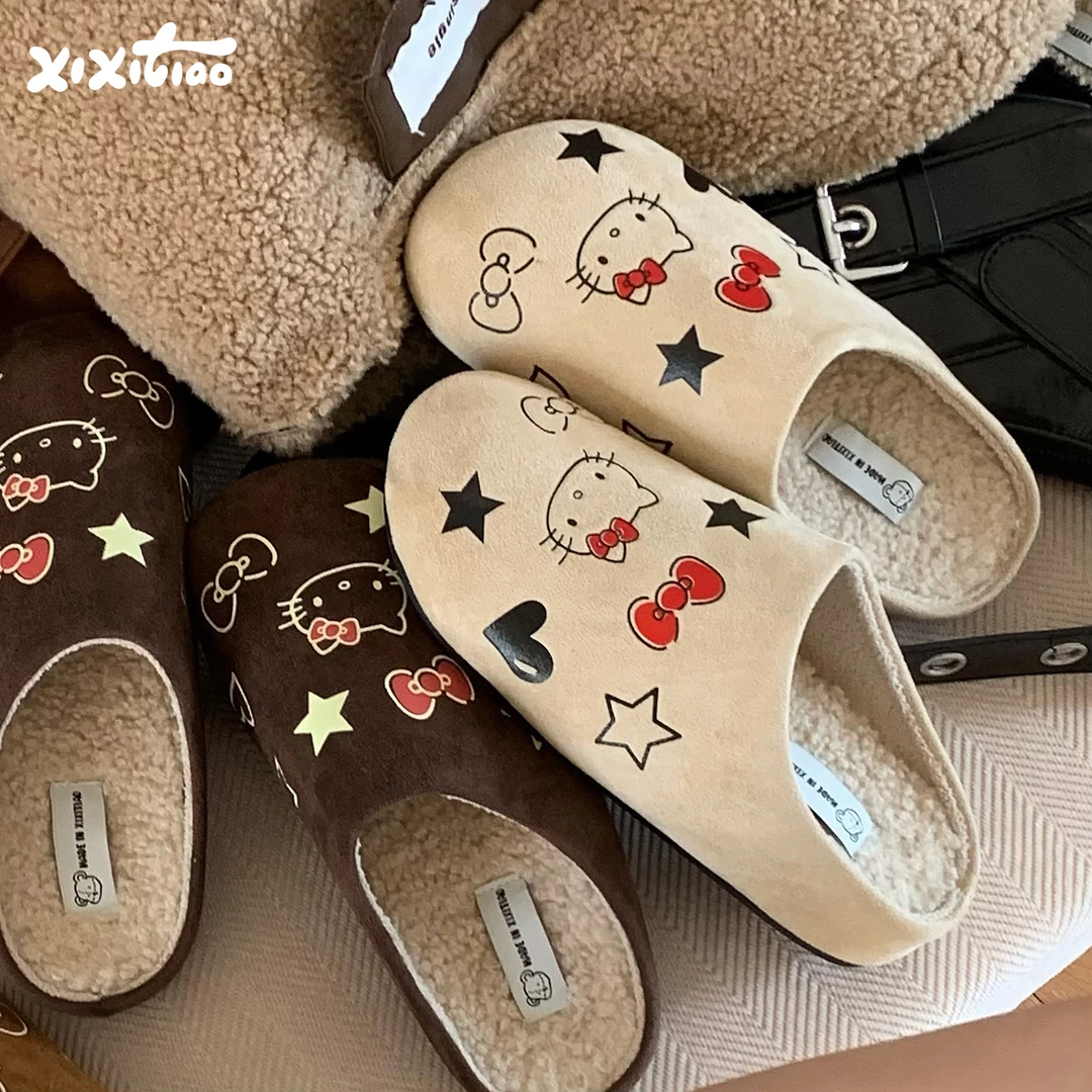 细细条 HelloKitty勃肯鞋加绒保暖女秋冬外穿防滑一脚蹬棉拖鞋ins