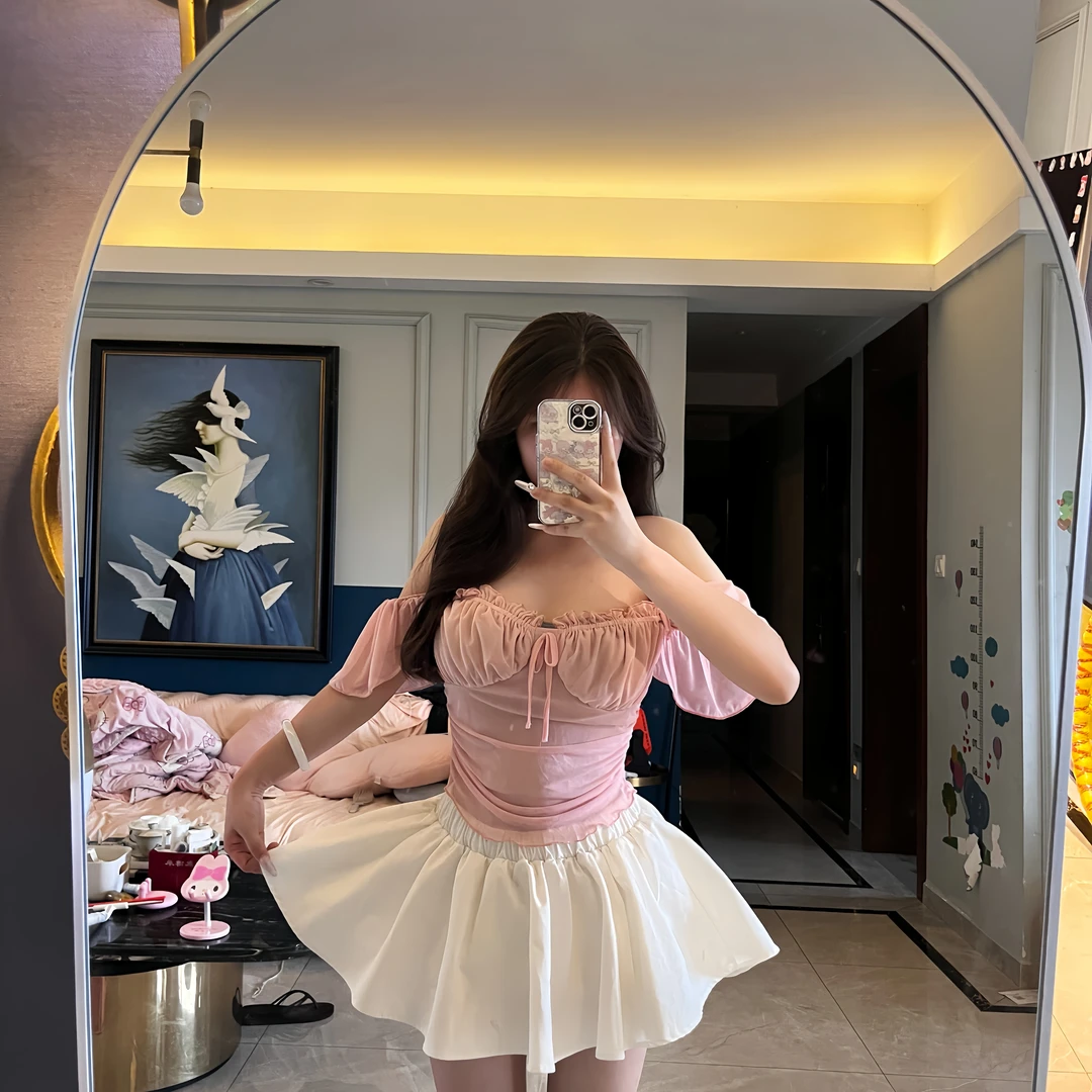 【清仓 no退no换】法式粉色挂脖吊带短袖T恤女夏季新款纯欲性感上衣