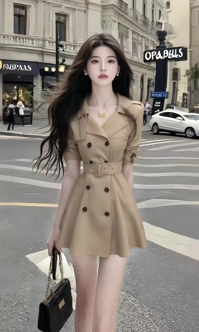 夏季新款卡其色翻领修身短袖收腰设计感连衣裙女时尚显瘦气质女装