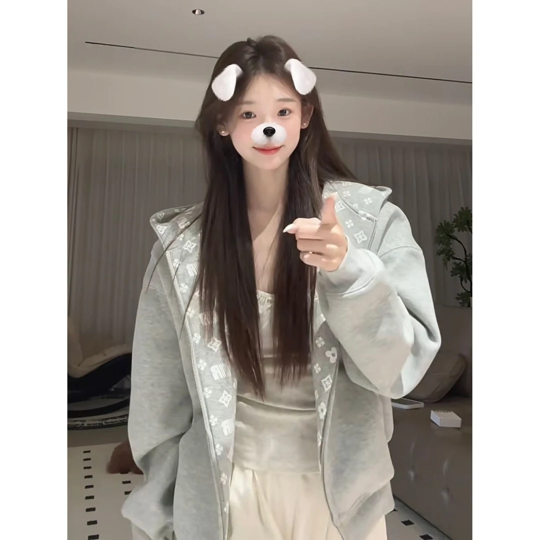 #加绒加厚慵懒风连帽卫衣女拉链开衫外套潮