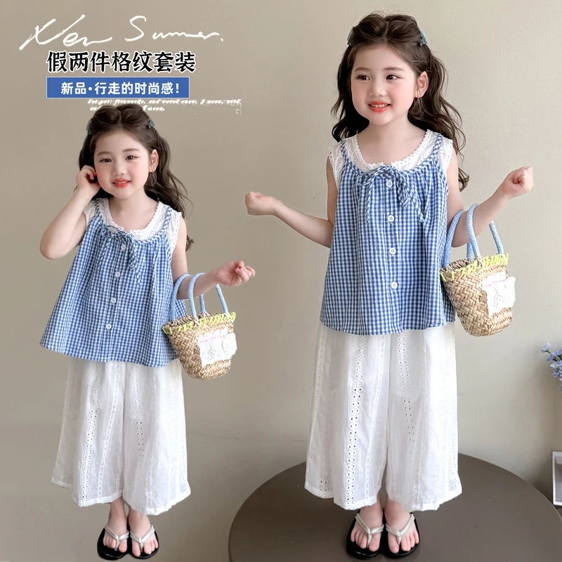 【韩系穿搭】女童背心套装2025夏季洋气格子无袖娃娃衫阔腿裤两件套