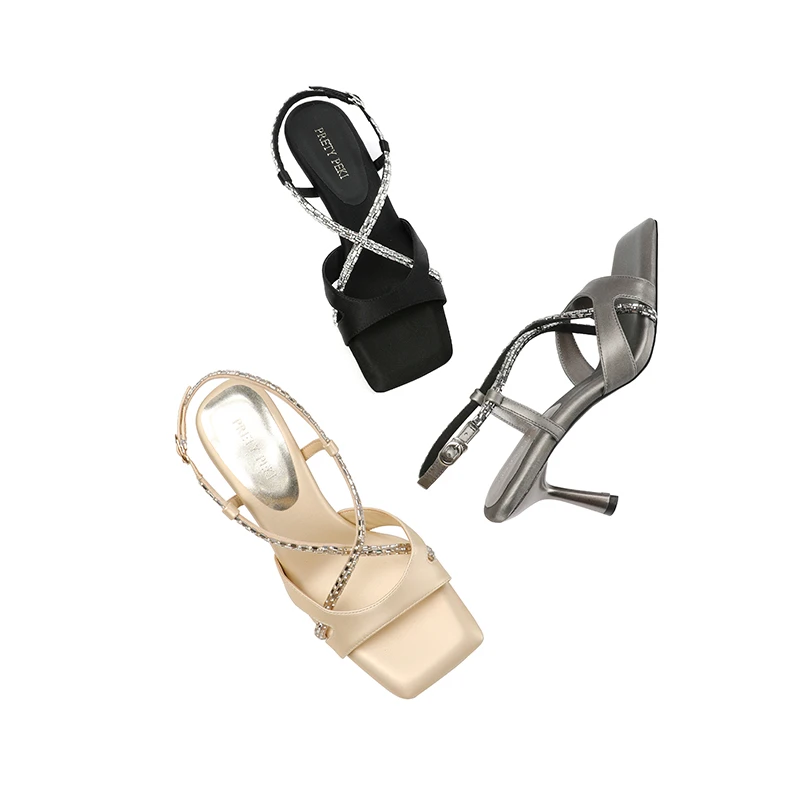 【跟高7cm】2025年夏季新款水钻方头细跟时尚百搭高跟凉鞋外穿