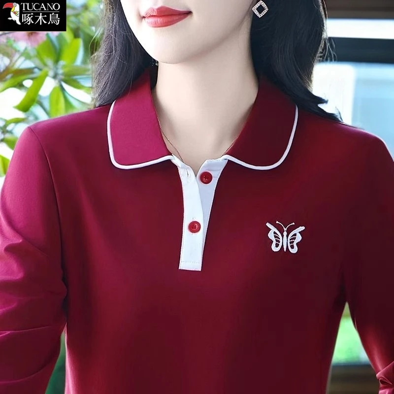 啄木鸟秋季薄款长袖潮流气质翻领T恤妈妈装新款刺绣拼色设计上衣